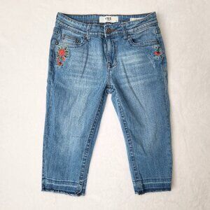 Y2K Embroidered Denim Capri Pants Size 4 Floral VGS‎ Jeans Cotton Stretch Blue